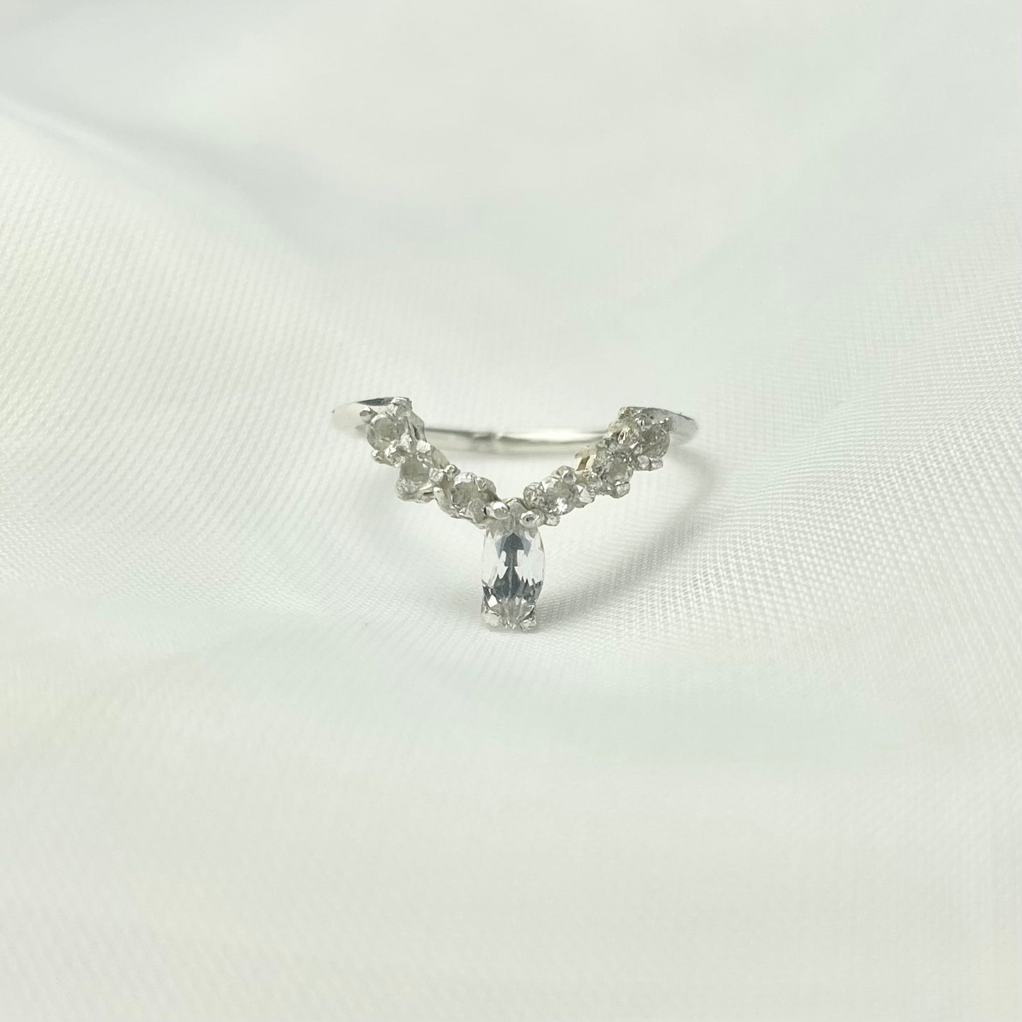 White Topaz 925 Sterling Silver Prong Set Chevron Ring