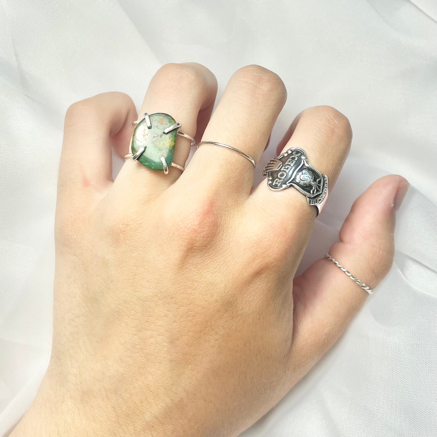 Natural Turquoise and 925 Sterling Silver Double Band Prong Set Ring size 7