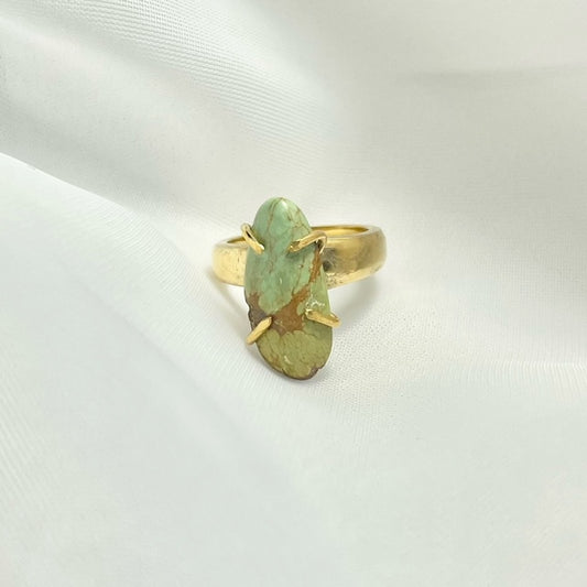 Natural Turquoise and Recycled Gold Plated Silverware Band Prong Set Ring size 6