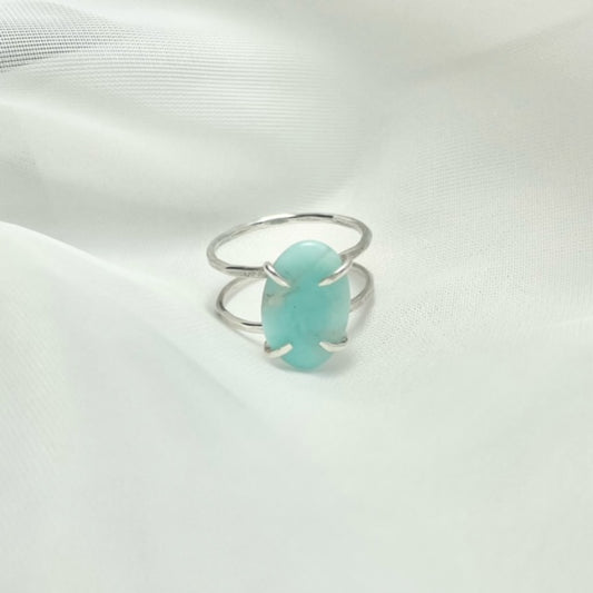 Natural Amazonite and 925 Sterling Silver Double Band Prong Set Ring size 7.5